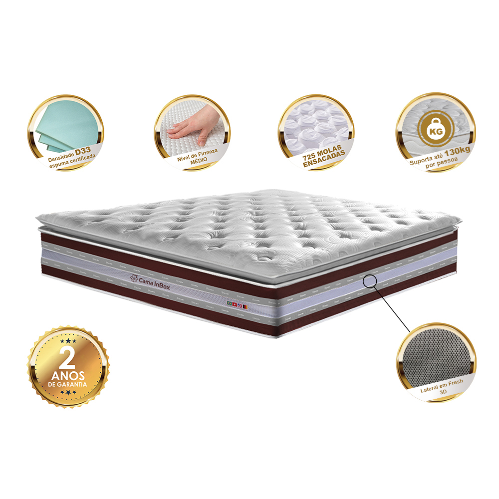 Colchão King de Molas Ensacadas D33 com Pillow TOP Cama inBox Select 193x203x32 Vinho