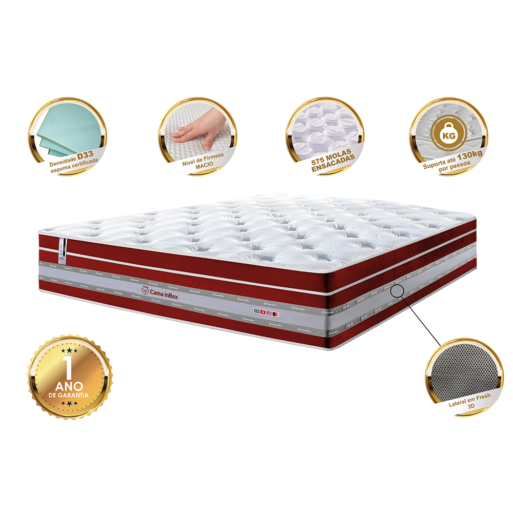 Colchão Queen de Molas Ensacadas Cama inBox Select Euro Soft 158x198x32 Vermelho