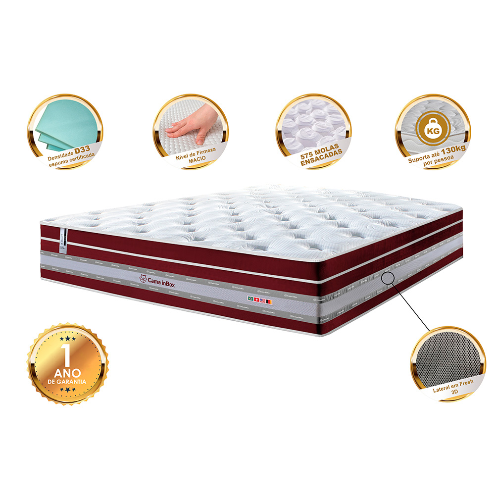 Colchão Queen de Molas Ensacadas Cama inBox Select Euro Soft 158x198x32 Vinho
