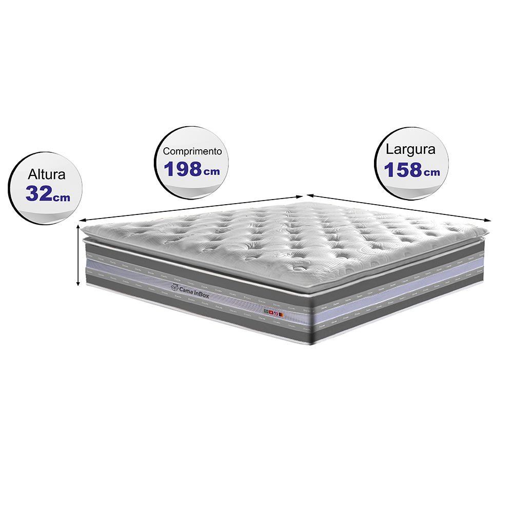 Colchão Queen de Molas Ensacadas D33 com Pillow TOP Cama inBox Select 158x198x32 Cinza