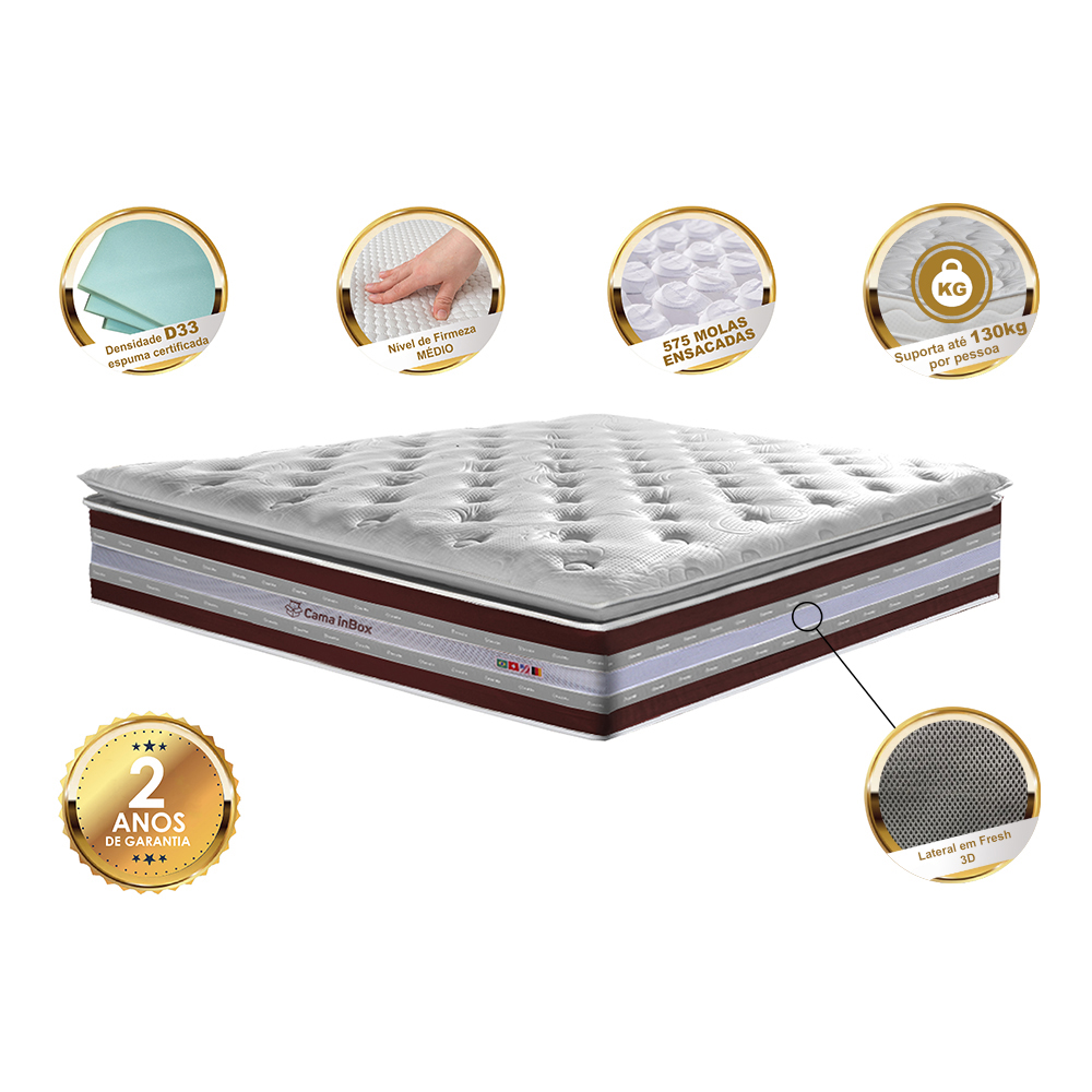 Colchão Queen de Molas Ensacadas D33 com Pillow TOP Cama inBox Select 158x198x32 Vinho
