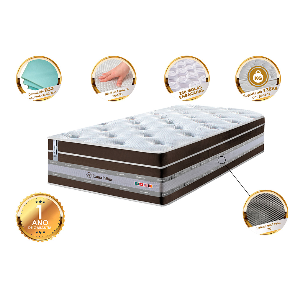 Colchão Solteiro de Molas Ensacadas Cama inBox Select Euro Soft 88x188x32 Café