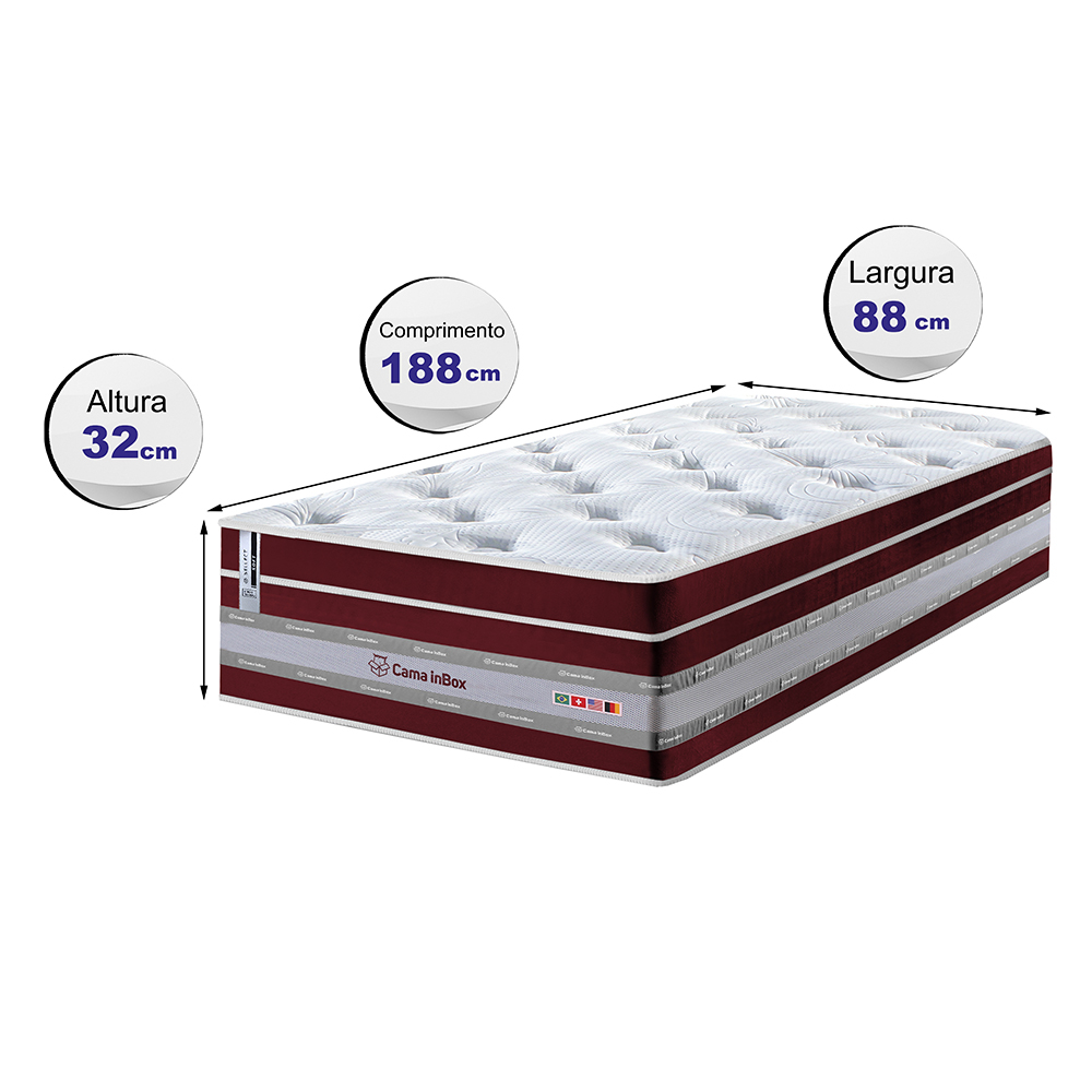 Colchão Solteiro de Molas Ensacadas Cama inBox Select Euro Soft 88x188x32 Vinho