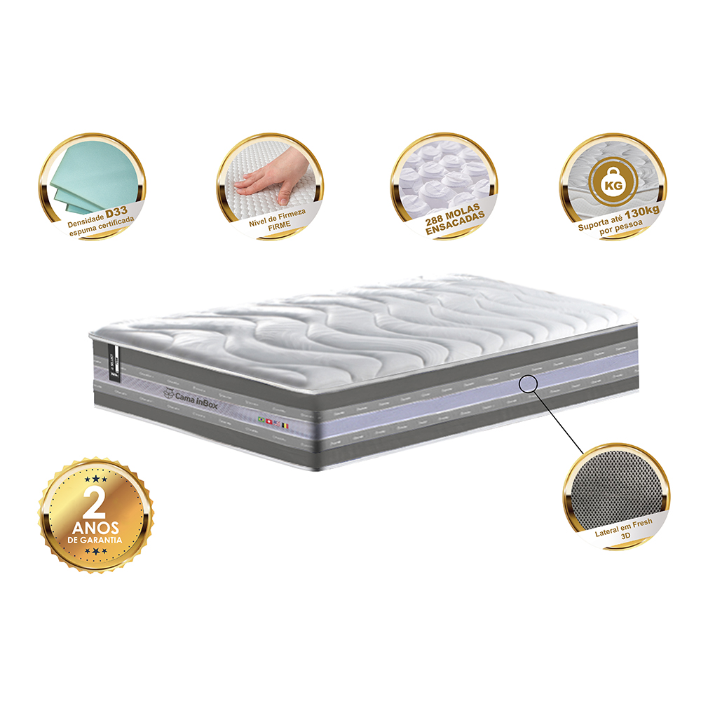 Colchão Solteiro de Molas Ensacadas D33 Cama inBox Select Firme 88x188x32 Cinza