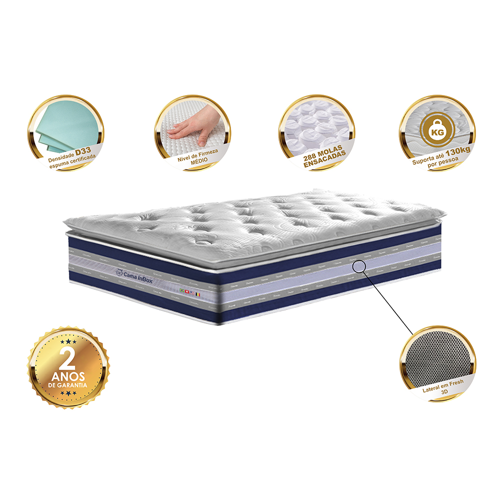Colchão Solteiro de Molas Ensacadas D33 com Pillow TOP Cama inBox Select 88x188x32 Azul