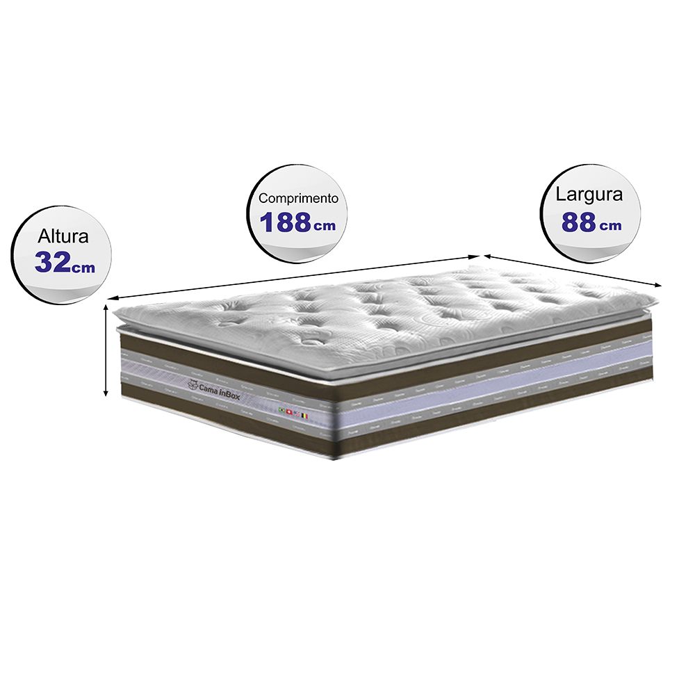 Colchão Solteiro de Molas Ensacadas D33 com Pillow TOP Cama inBox Select 88x188x32 Café