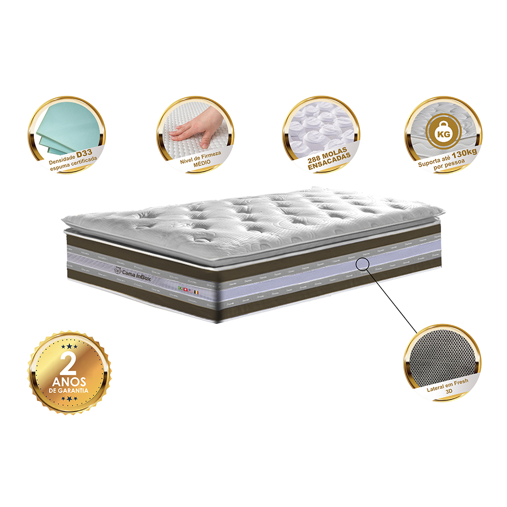 Colchão Solteiro de Molas Ensacadas D33 com Pillow TOP Cama inBox Select 88x188x32 Café