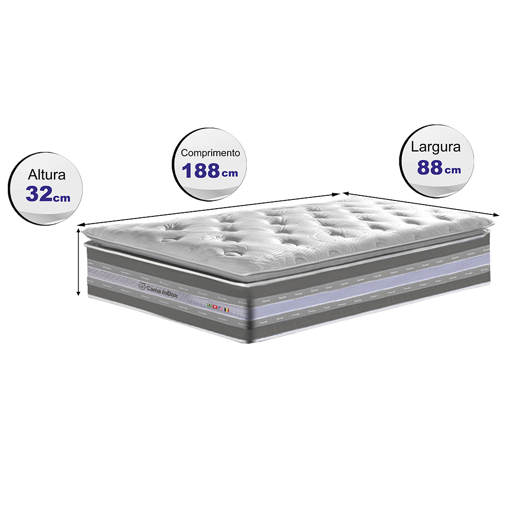 Colchão Solteiro de Molas Ensacadas D33 com Pillow TOP Cama inBox Select 88x188x32 Cinza