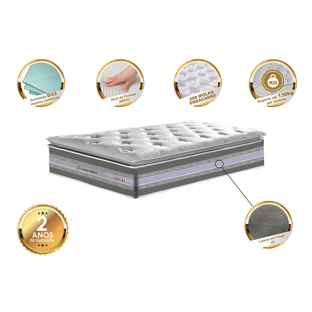 Colchão Solteiro de Molas Ensacadas D33 com Pillow TOP Cama inBox Select 88x188x32 Cinza