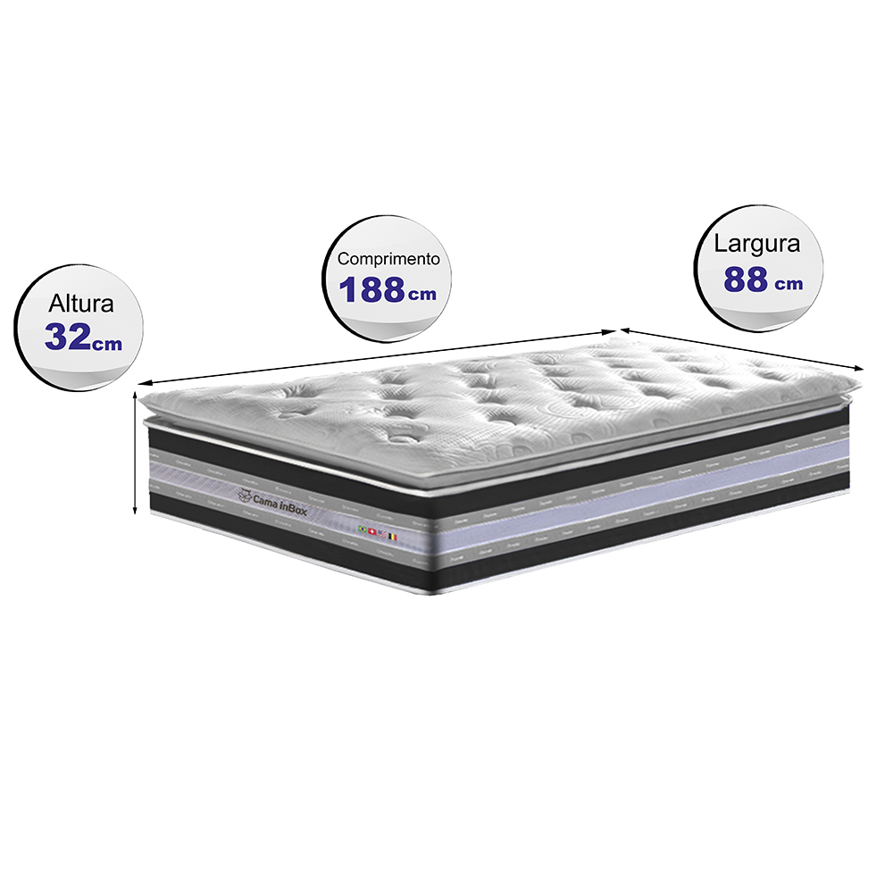 Colchão Solteiro de Molas Ensacadas D33 com Pillow TOP Cama inBox Select 88x188x32 Preto