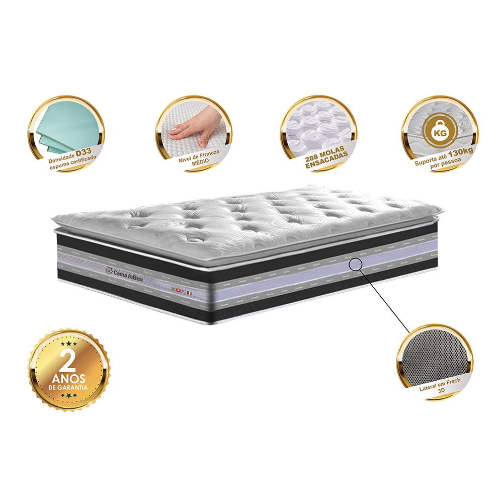 Colchão Solteiro de Molas Ensacadas D33 com Pillow TOP Cama inBox Select 88x188x32 Preto