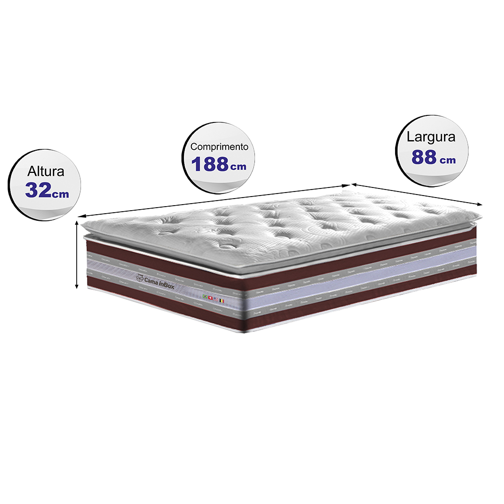 Colchão Solteiro de Molas Ensacadas D33 com Pillow TOP Cama inBox Select 88x188x32 Vinho
