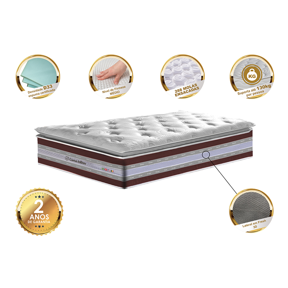 Colchão Solteiro de Molas Ensacadas D33 com Pillow TOP Cama inBox Select 88x188x32 Vinho