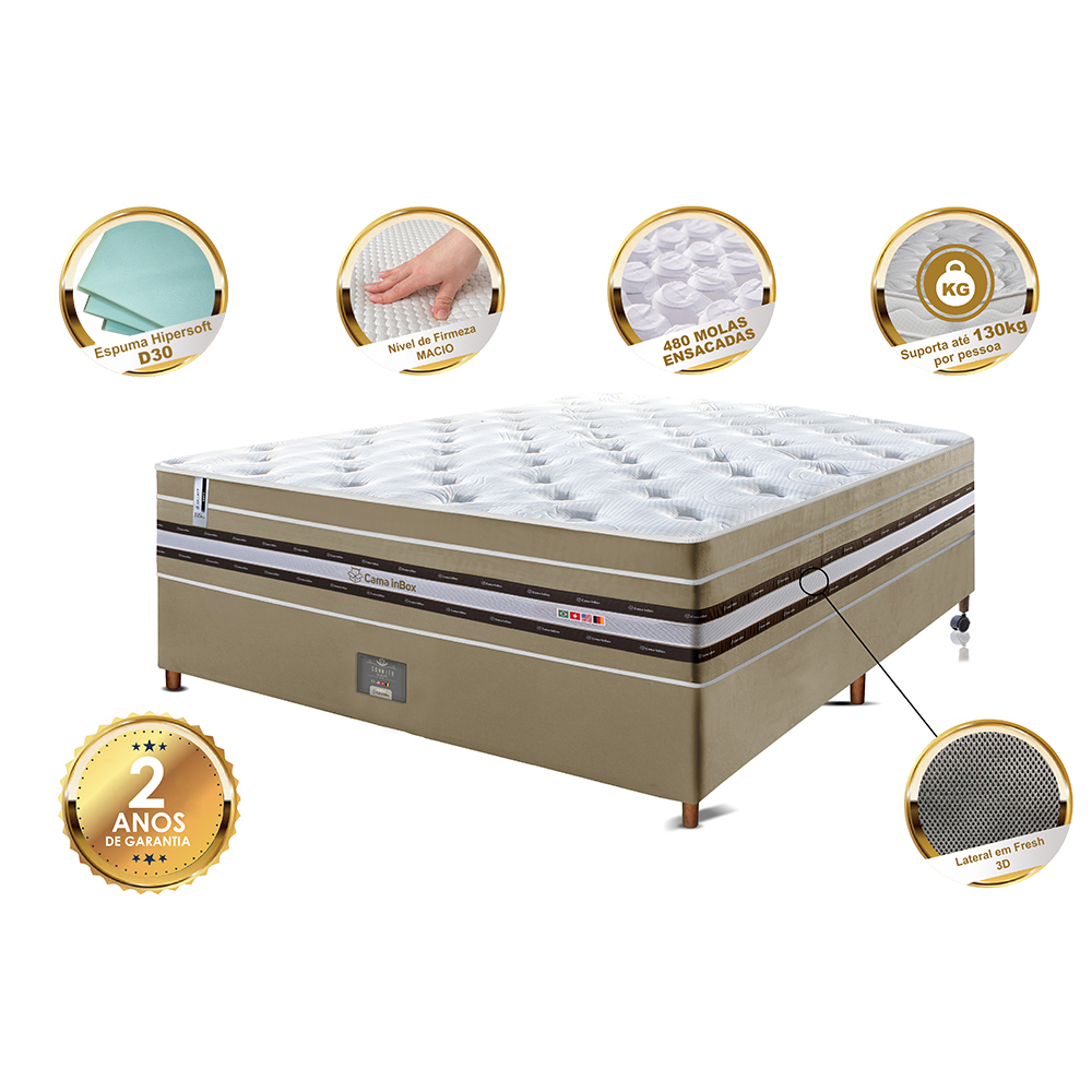 Conjunto Cama Box Casal de Molas Ensacadas Cama inBox Select Euro Soft 138x188x71 Bege