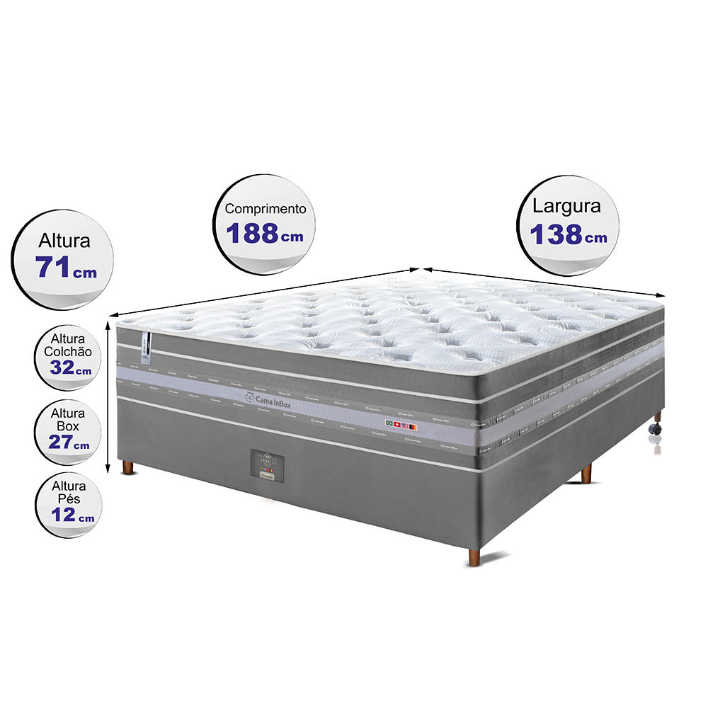 Conjunto Cama Box Casal de Molas Ensacadas Cama inBox Select Euro Soft 138x188x71 Cinza