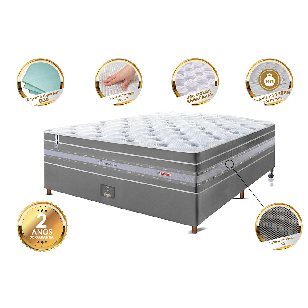 Conjunto Cama Box Casal de Molas Ensacadas Cama inBox Select Euro Soft 138x188x71 Cinza