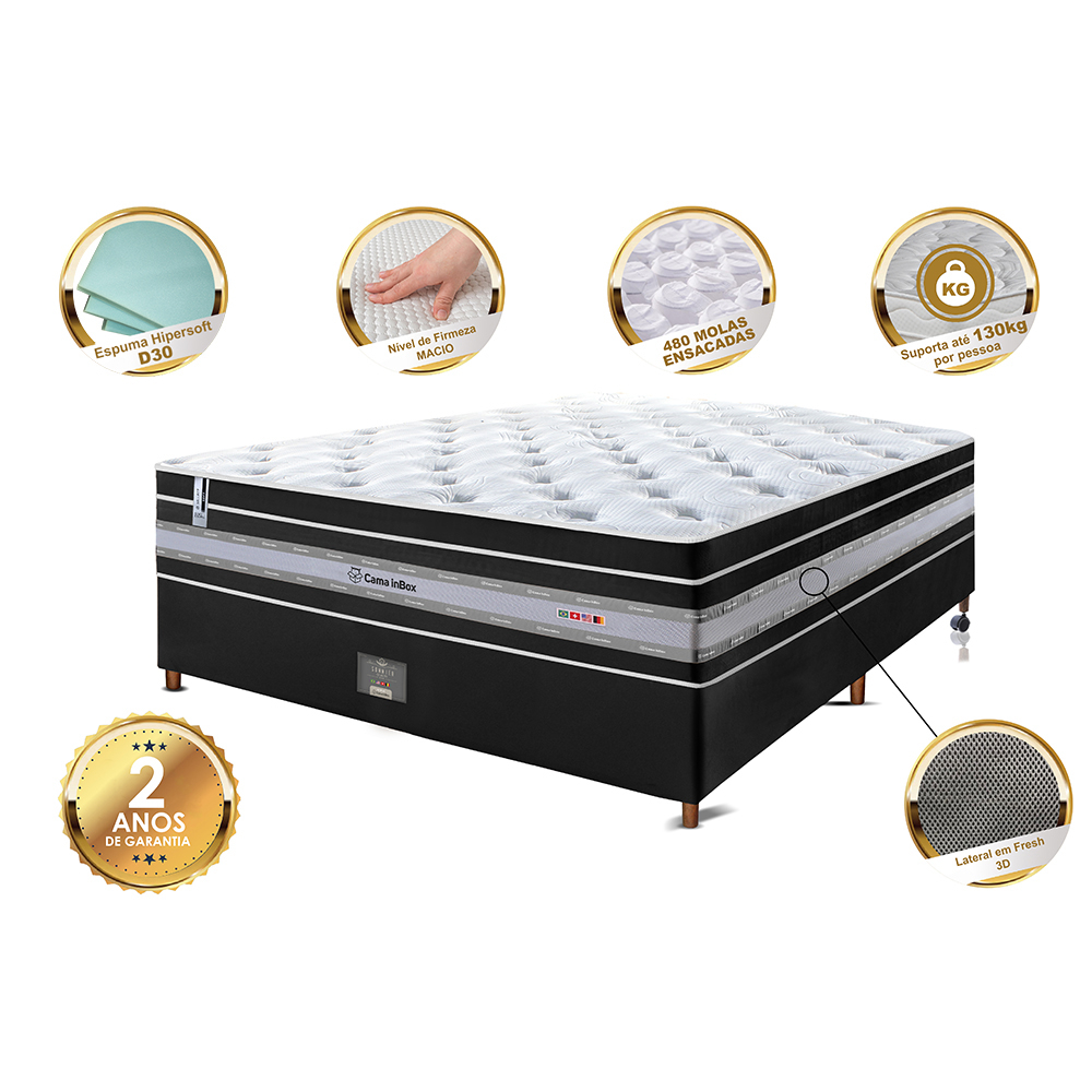 Conjunto Cama Box Casal de Molas Ensacadas Cama inBox Select Euro Soft 138x188x71 Preto