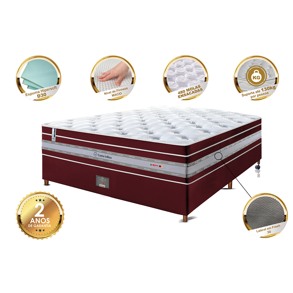 Conjunto Cama Box Casal de Molas Ensacadas Cama inBox Select Euro Soft 138x188x71 Vinho