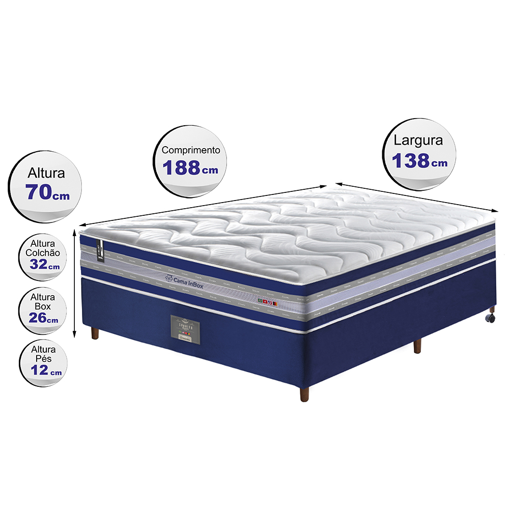 Conjunto Cama Box Casal de Molas Ensacadas D33 Cama inBox Select Firme 138x188x70 Azul