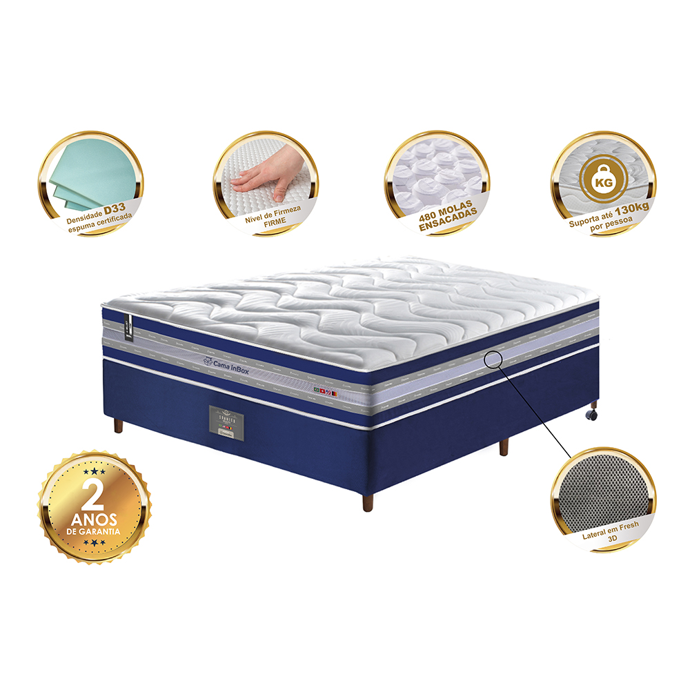Conjunto Cama Box Casal de Molas Ensacadas D33 Cama inBox Select Firme 138x188x70 Azul