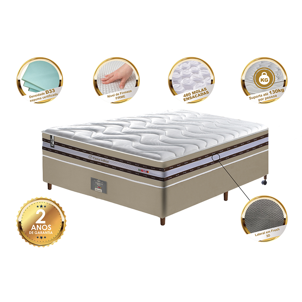 Conjunto Cama Box Casal de Molas Ensacadas D33 Cama inBox Select Firme 138x188x70 Bege