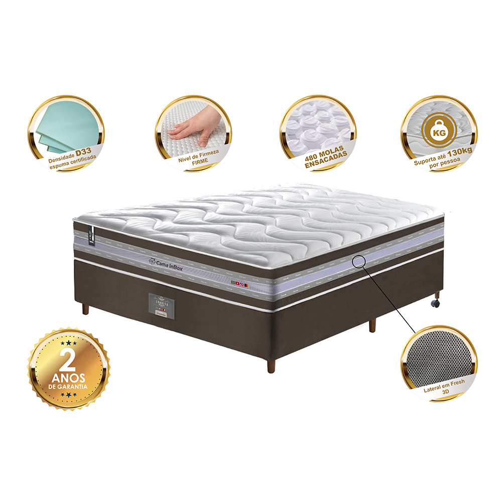 Conjunto Cama Box Casal de Molas Ensacadas D33 Cama inBox Select Firme 138x188x70 Café