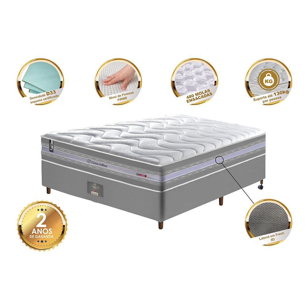 Conjunto Cama Box Casal de Molas Ensacadas D33 Cama inBox Select Firme 138x188x70 Cinza
