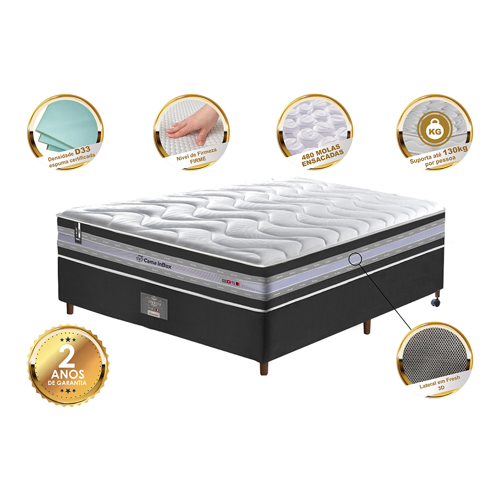 Conjunto Cama Box Casal de Molas Ensacadas D33 Cama inBox Select Firme 138x188x70 Preto
