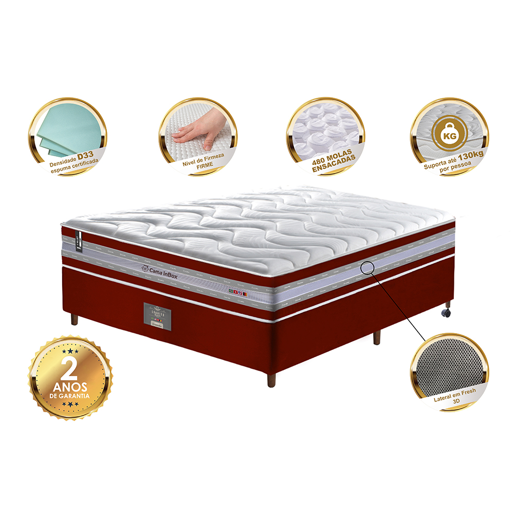 Conjunto Cama Box Casal de Molas Ensacadas D33 Cama inBox Select Firme 138x188x70 Vermelho