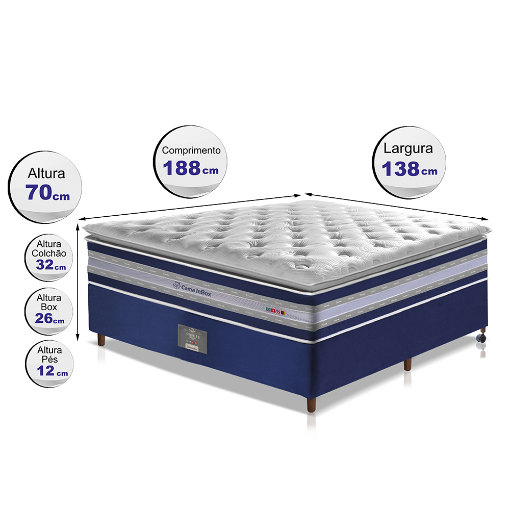 Conjunto Cama Box Casal de Molas Ensacadas D33 com Pillow TOP Cama inBox Select 138x188x70 Azul