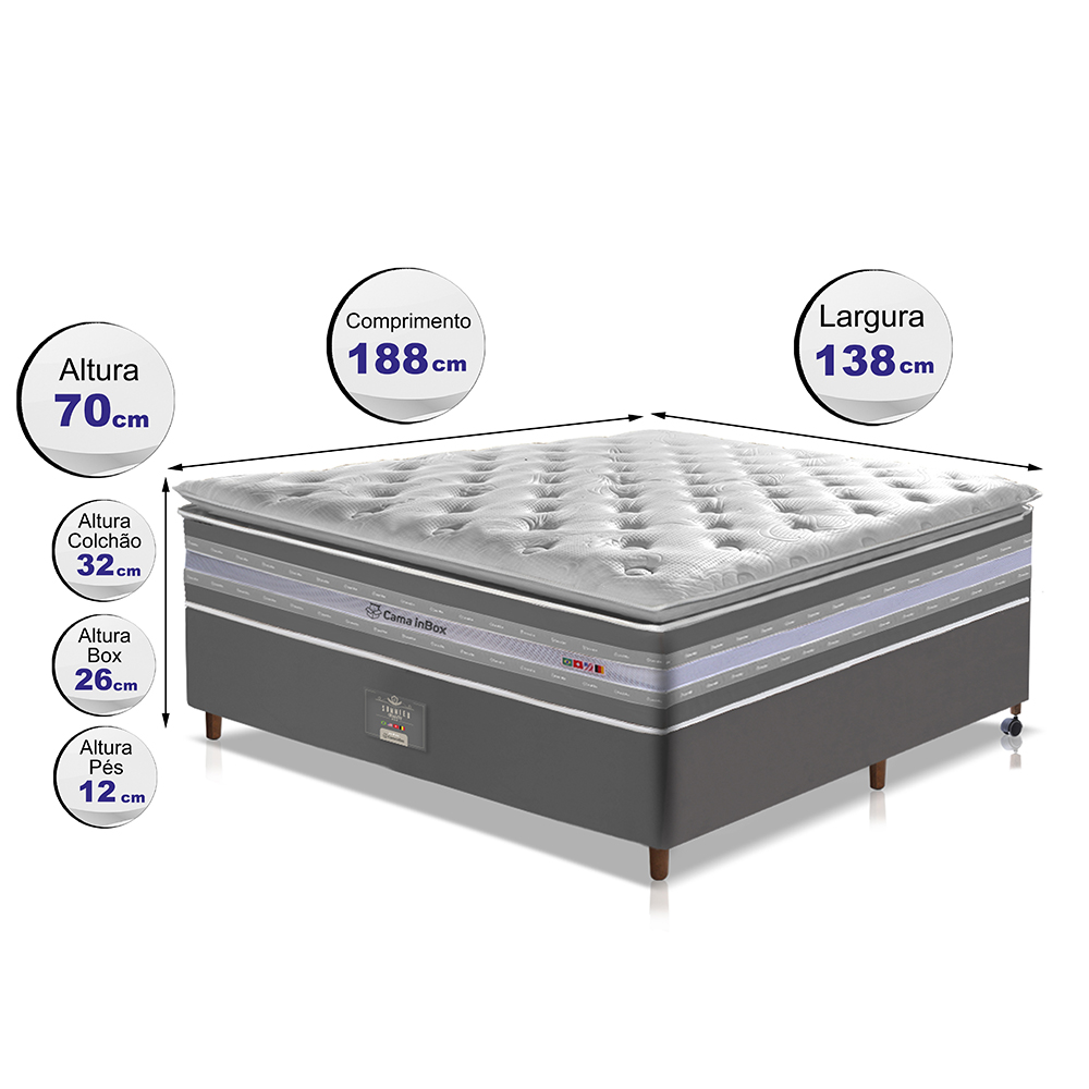 Conjunto Cama Box Casal de Molas Ensacadas D33 com Pillow TOP Cama inBox Select 138x188x70 Cinza