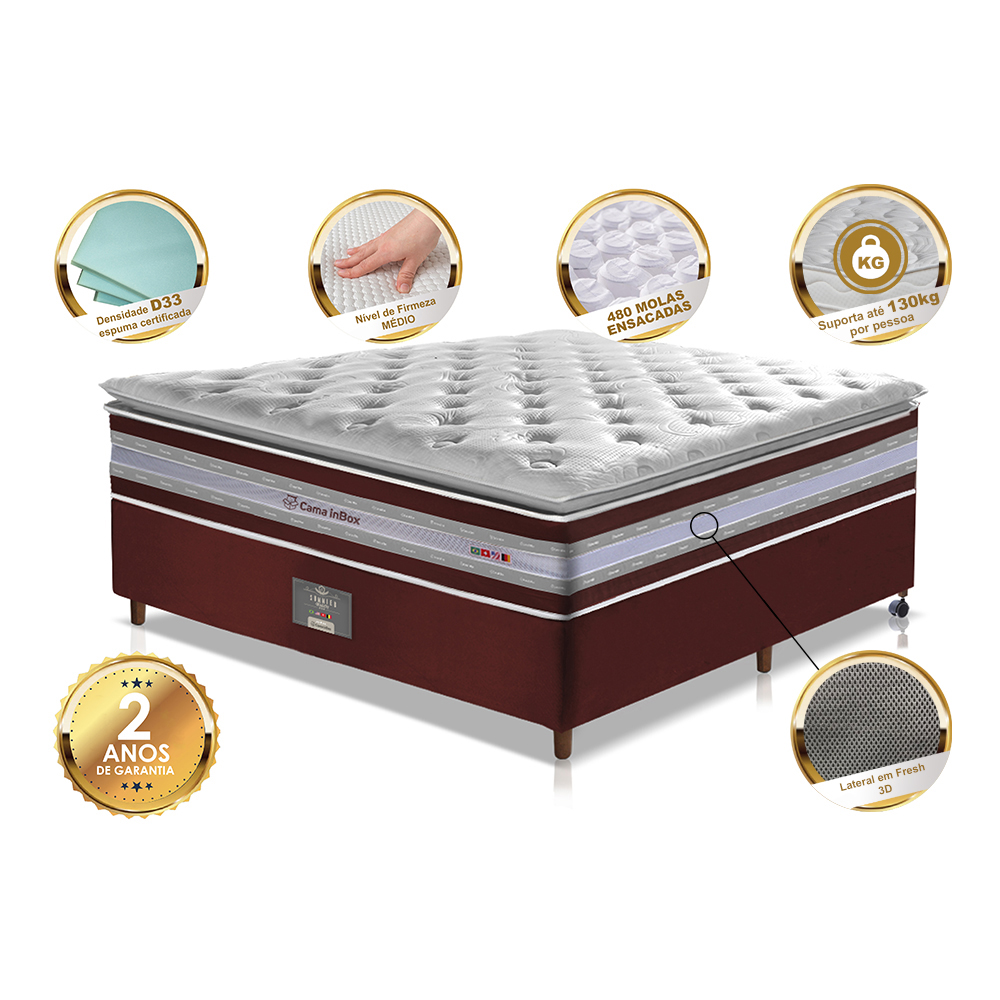 Conjunto Cama Box Casal de Molas Ensacadas D33 com Pillow TOP Cama inBox Select 138x188x70 Vinho