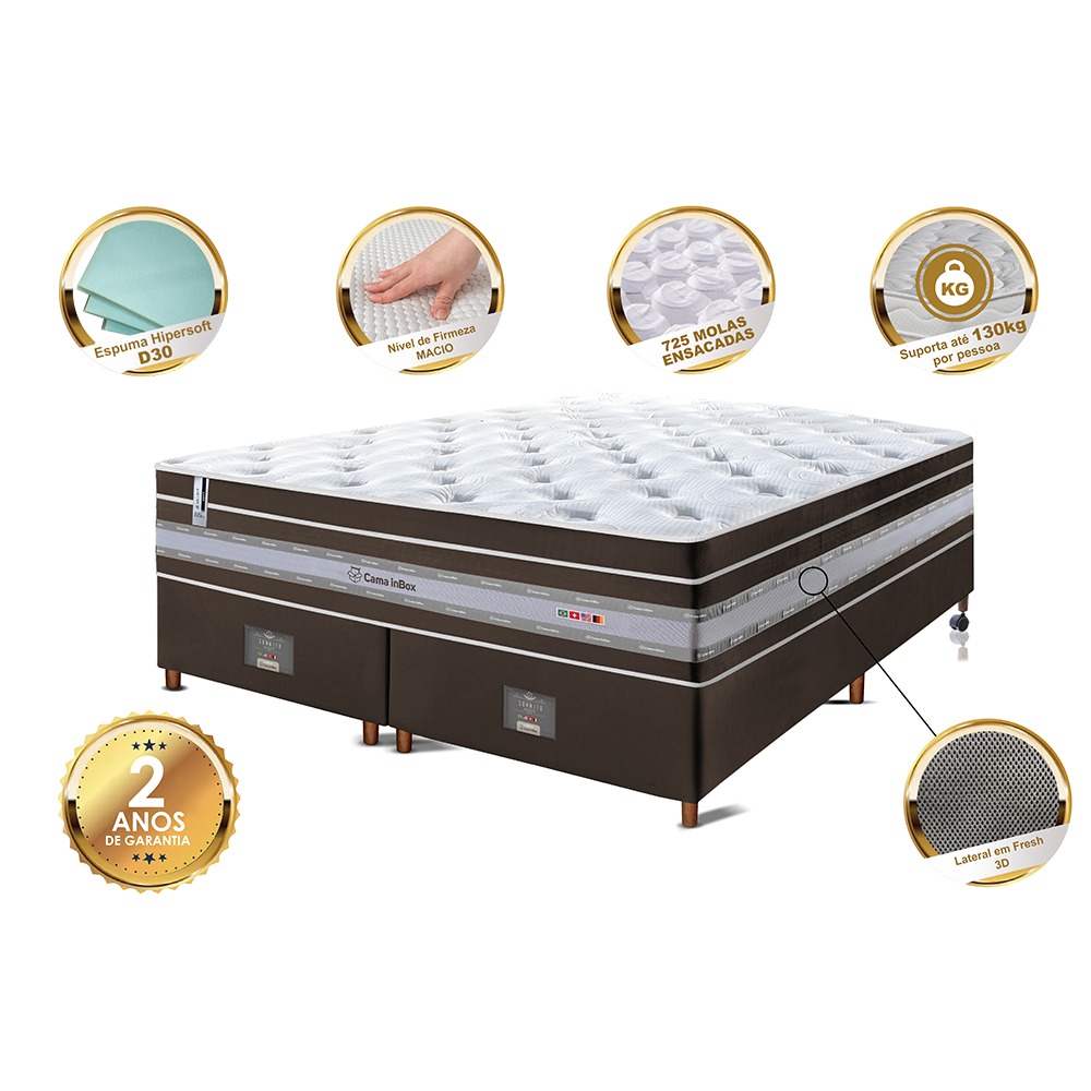 Conjunto Cama Box King de Molas Ensacadas Cama inBox Select Euro Soft 193x203x71 Café