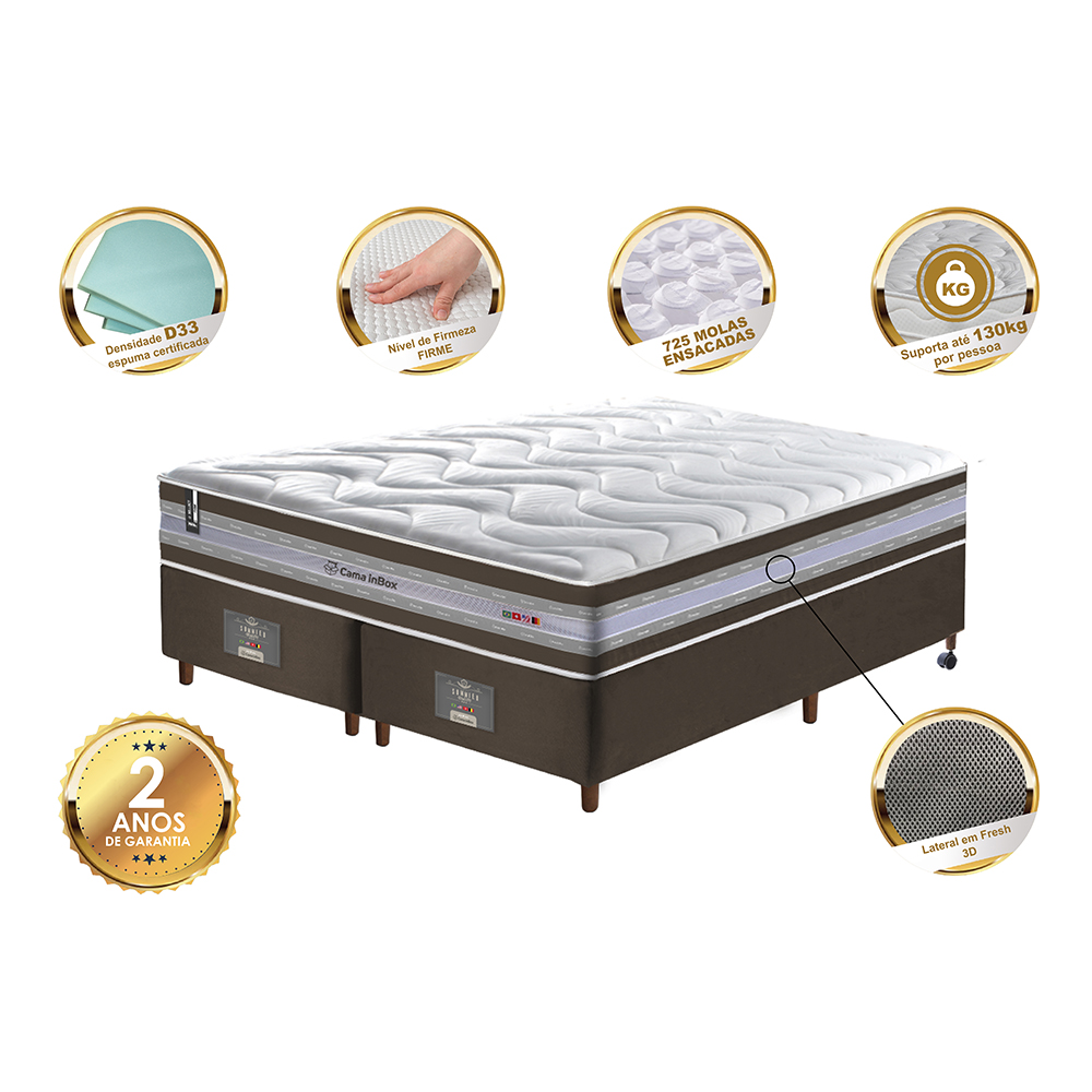 Conjunto Cama Box King de Molas Ensacadas D33 Cama inBox Select Firme 193x203x70 Café