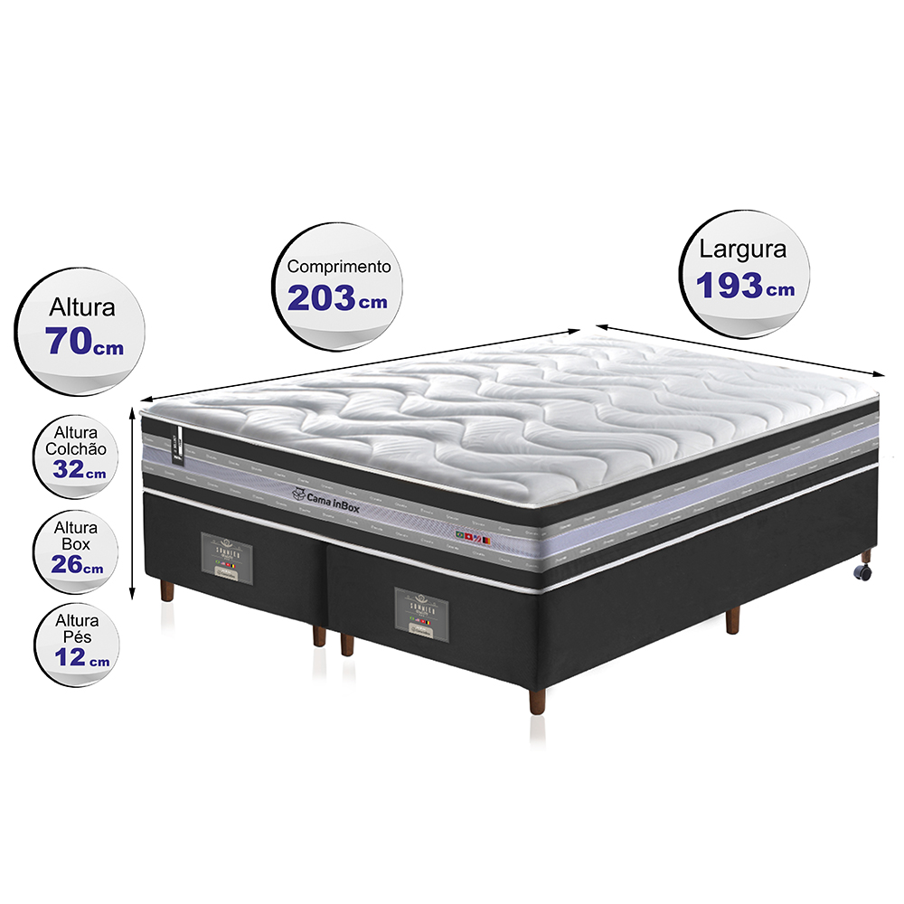 Conjunto Cama Box King de Molas Ensacadas D33 Cama inBox Select Firme 193x203x70 Preto