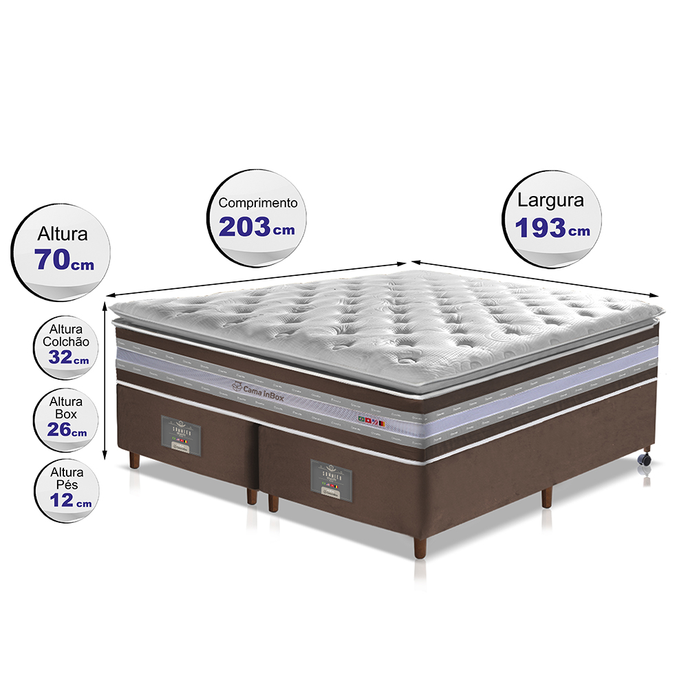 Conjunto Cama Box King de Molas Ensacadas D33 com Pillow TOP Cama inBox Select 193x203x70 Café