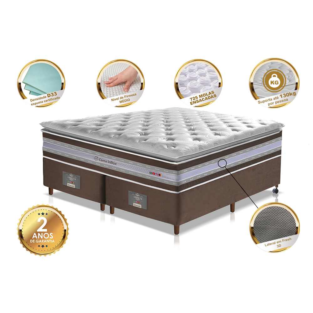 Conjunto Cama Box King de Molas Ensacadas D33 com Pillow TOP Cama inBox Select 193x203x70 Café
