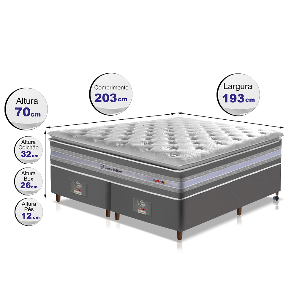 Conjunto Cama Box King de Molas Ensacadas D33 com Pillow TOP Cama inBox Select 193x203x70 Cinza