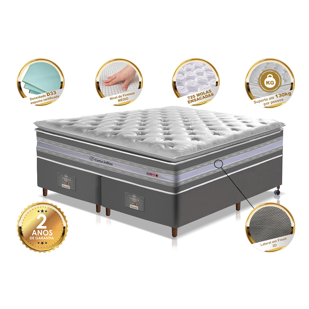 Conjunto Cama Box King de Molas Ensacadas D33 com Pillow TOP Cama inBox Select 193x203x70 Cinza