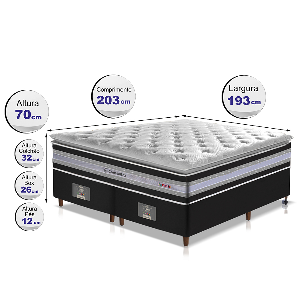 Conjunto Cama Box King de Molas Ensacadas D33 com Pillow TOP Cama inBox Select 193x203x70 Preto