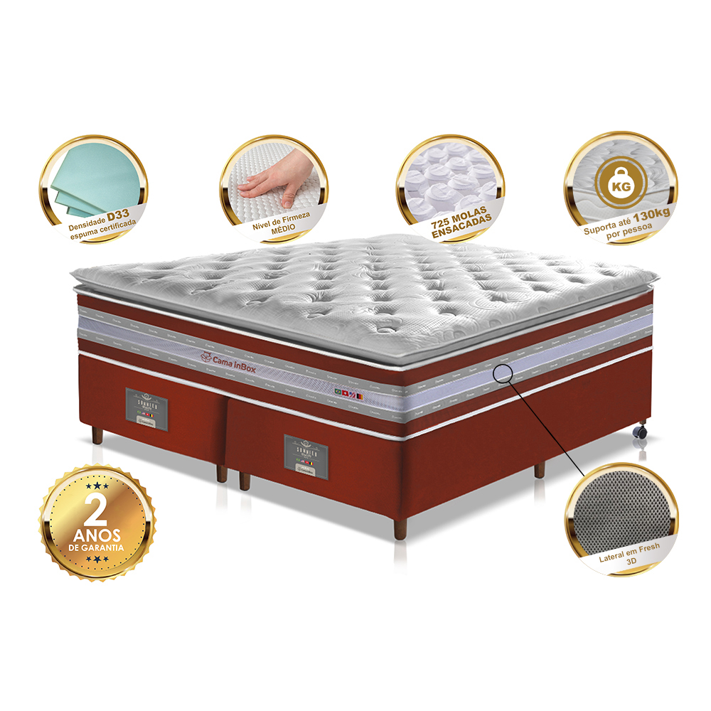 Conjunto Cama Box King de Molas Ensacadas D33 com Pillow TOP Cama inBox Select 193x203x70 Vermelho