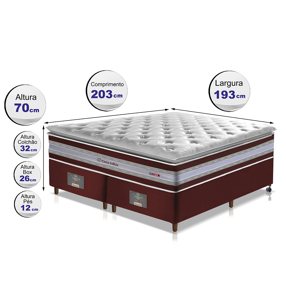 Conjunto Cama Box King de Molas Ensacadas D33 com Pillow TOP Cama inBox Select 193x203x70 Vinho
