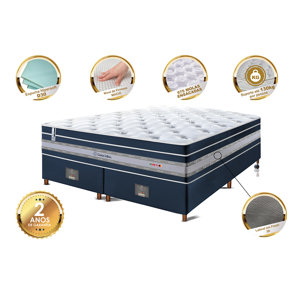 Conjunto Cama Box Queen de Molas Ensacadas Cama inBox Select Euro Soft 158x198x71 Azul