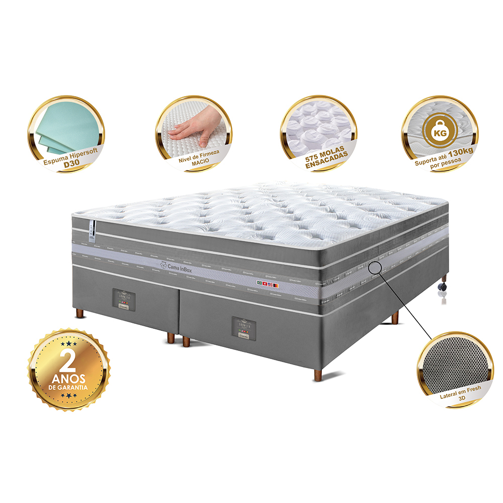 Conjunto Cama Box Queen de Molas Ensacadas Cama inBox Select Euro Soft 158x198x71 Cinza