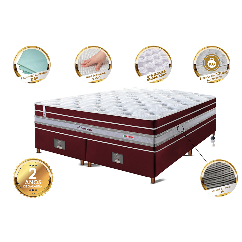 Conjunto Cama Box Queen de Molas Ensacadas Cama inBox Select Euro Soft 158x198x71 Vinho