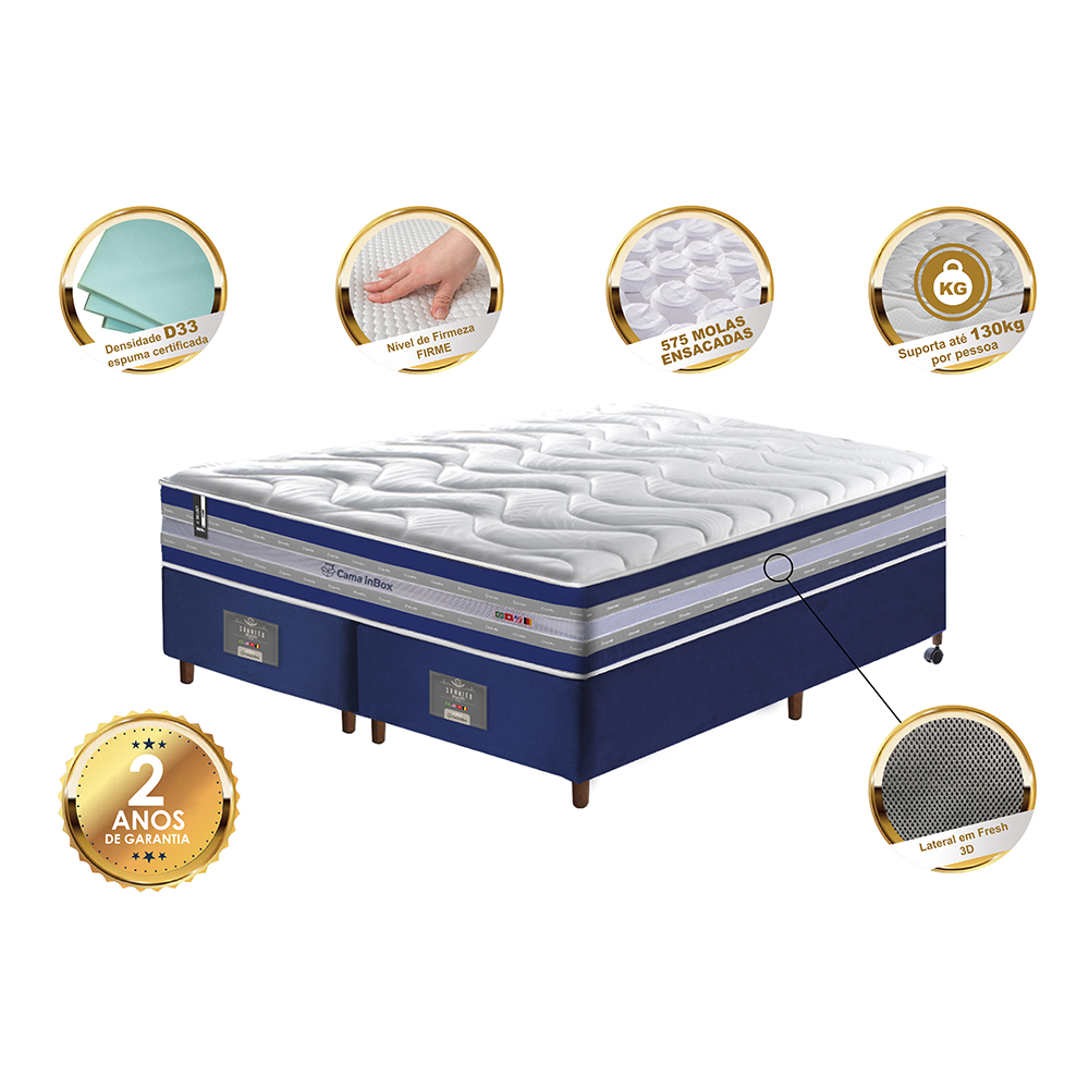 Conjunto Cama Box Queen de Molas Ensacadas D33 Cama inBox Select Firme 158x198x70 Azul