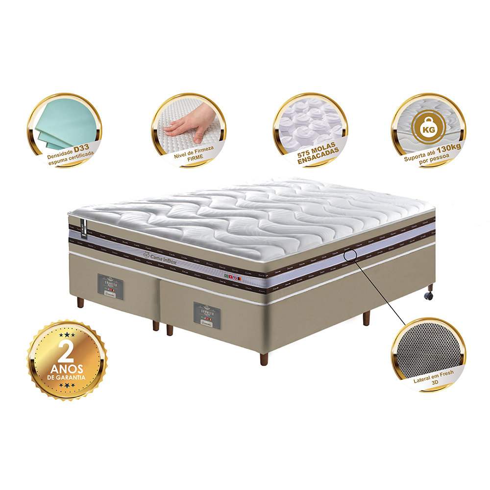 Conjunto Cama Box Queen de Molas Ensacadas D33 Cama inBox Select Firme 158x198x70 Bege