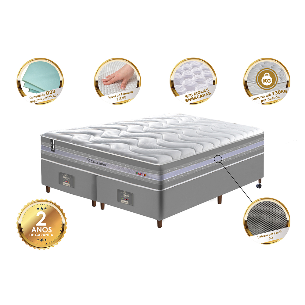 Conjunto Cama Box Queen de Molas Ensacadas D33 Cama inBox Select Firme 158x198x70 Cinza