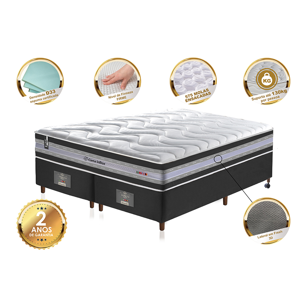 Conjunto Cama Box Queen de Molas Ensacadas D33 Cama inBox Select Firme 158x198x70 Preto