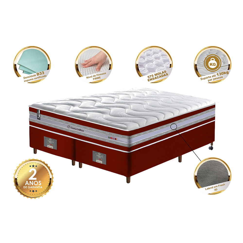 Conjunto Cama Box Queen de Molas Ensacadas D33 Cama inBox Select Firme 158x198x70 Vermelho